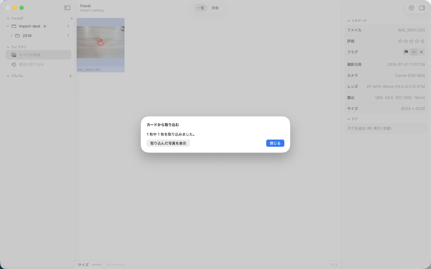 取り込みが終わったあとの表示。「取り込んだ写真を表示」で取り込んだ写真だけの一覧を開く